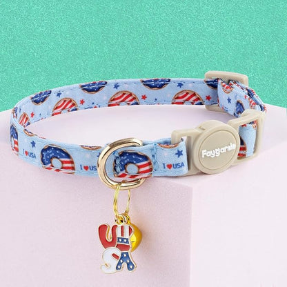 Faygarsle 2 Pack Patriotic American Flag Dog Collar Pattern Cat Collars Breakaway Safety Collar with Bell Spring Summer Design for Girl Cats, Red White Blue