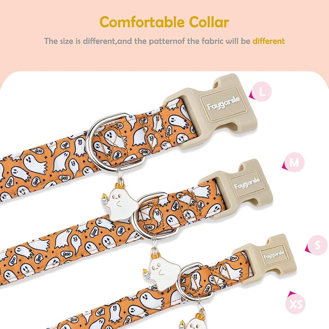 Faygarsle Halloween Ghost Pattern Dog Collar with Charm, Orange and White,for Small Medium Large Dogs L