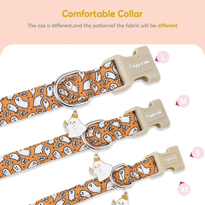Faygarsle Halloween Ghost Pattern Dog Collar with Charm, Orange and White,for Small Medium Large Dogs L