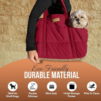 Plush Dog Purse Carrier for Small Dogs, Soft Dog Tote Bag with Safety Harness Clip, Cozy Pet Carrier for Dogs Under 15 lbs, Comfortable Dog Shoulder Carrier for Travel, Red