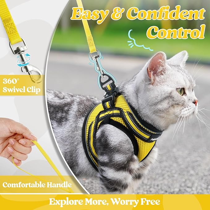 rabbitgoo Cat Harness and Leash Set for Walking Escape Proof, Adjustable Soft Kittens Vest with Reflective Strip for Cats, Comfortable Outdoor Vest, Bright Yellow, L