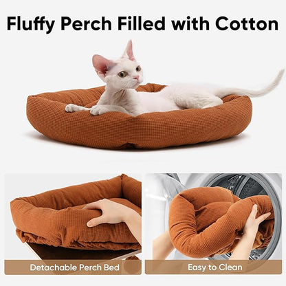 FUKUMARU Cat Scratching Post, Retro-Style Tall Scratch Posts with Perch for Infoor Cats Adults, Large Cat Scratcher Tower with Bed, Natural Sisal & Solid Wood