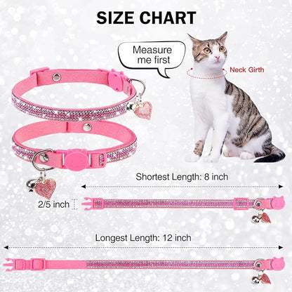 Rhinestone Cat Collar Breakaway with Bell Safety Buckle, 2 Pack Bling Diamond Kitten Collar for Gril Cats, Soft Velvet Female Cat Collars Adjustable 8-12 Inch, Pink