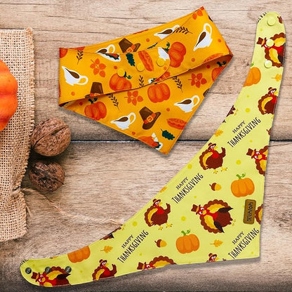 Thanksgiving Dog Bandanas with Snap Button, 2 Pack Adjustable Fall Bandanas for Small, Medium, and Large Dogs, Pumpkin Pet Scarf for Autumn Costume Accessory & Photo Shoot (Small)