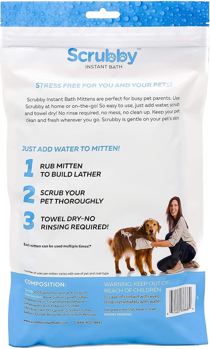 No Rinse Pet Wipes | Rinse Free Shampoo Mittens | Dogs & Cats | Bath Wipes - Bathing & Washing Pets, Hypoallergenic | No Rinse Wash Mitt | Grooming, Lather Wipe Dry - Pack of 10