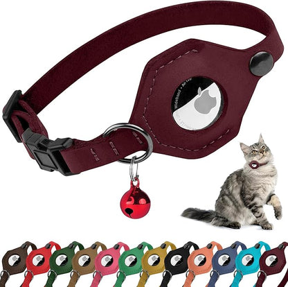 Breakaway Airtag Cat Collar with Removable Bell - Leather Pet Collar with Apple Air Tag Holder - Adjustable GPS Collars for Girl Boy Cats Kitten Puppy - Lightweight, Cute and Comfortable (Burgundy)