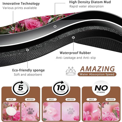 Rose Pink Dog Cat Food Mat,Butterfly Absorbent Pet Feeding Mat for Food and Water,Non-Slip Dog Bowl Mats Floor Protector 16"x24"