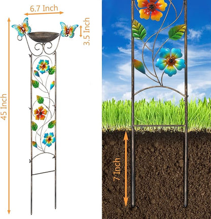 SUNNYPARK Bird Bath with Trellis Outdoor, Antique Garden Iron Plant Trellis with Decorative Floral-Butterflies Detachable Bird Bath Bowl Metal Potted Plants Support for Climbing Flowers