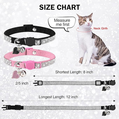 Rhinestone Cat Collar Breakaway with Bell, Diamond Cat Collar with Safety Buckle Quick Release for Girl Boy Small Kitten Pets Puppy,Cute Soft Female Male Cat Collars,Color Pink & Black 8-12"