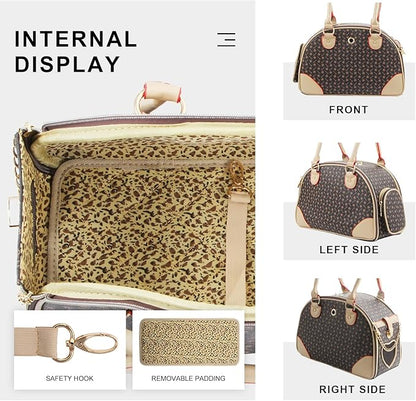 Fashion Dog Carrier PU Leather Dog Handbag Dog Purse Cat Tote Bag Pet Cat Dog Hiking Bag, Brown, Small 38 * 23 * 17cm