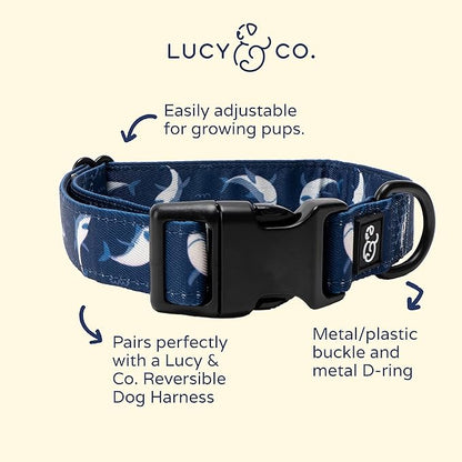 Lucy & Co. Shark Attack Dog Collar - Durable Lightweight Designer Collar for Pets - Adjustable Metal Safety Buckle - Navy White Shark - Small