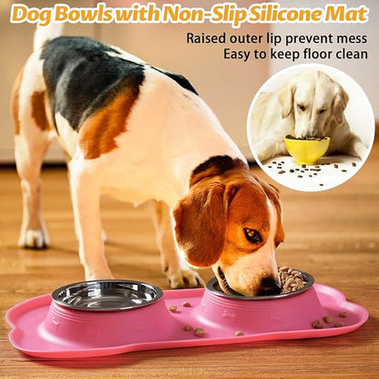 Hubulk Pet Dog Bowls 2 Stainless Steel Dog Bowl with No Spill Non-Skid Silicone Mat + Pet Food Scoop Water and Food Feeder Bowls for Feeding Small Medium Large Dogs Cats Puppies (Large, Pink)