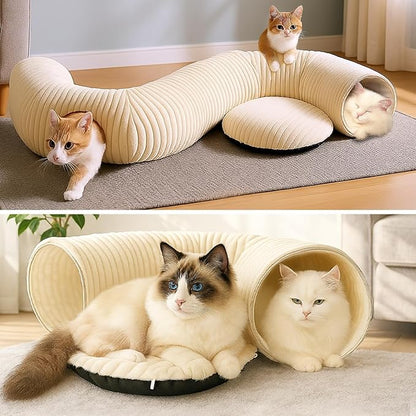 Cat Tunnel Bed with 40 Pcs Interactive Cat Toys, Cat Tube with Kitten Toys for Indoor Kittens, Collapsible Play Tunnel, White