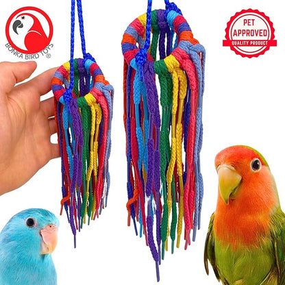 Bonka Bird Toys 51214 Small Aglet Heaven Cotton Shoelace Toy with Plastic Aglets and 2" Ring for Parakeets Cockatiels Quakers Pionus Small Bird Enrichment