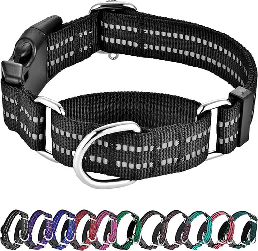 Hikiko Martingale Collar for Dogs Reflective Nylon Dog Collar with Quick Release Buckle Adjustable Training No Slip Dog Collar (Large, Black)