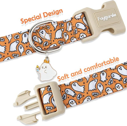 Faygarsle Halloween Ghost Pattern Dog Collar with Charm, Orange and White,for Small Medium Large Dogs L