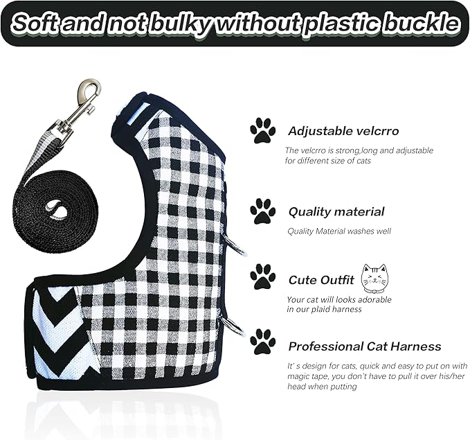 Cat Harness and Leash for Walking Escape Proof, Adjustable Cat Vest Harness, Padded Stylish Cat Walking Jackets, Black Plaid, Extra Large