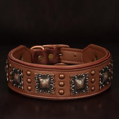 PET ARTIST Upgrade Padded Leather Dog Collar, 2 inch Wide Genuine Leather Dog Collars with Strong Studded Rivet & Metal Buckle, Adjustable Large Dog Collar for Pit Bull Doberman,Brown,Neck 19-22"