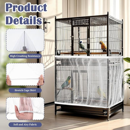2Pcs Bird Cage Seed Catcher, Soft Airy Bird Cage Net Guard Net Cover Stretchy Universal Birdcage Accessories Suitable Round Square Cages (Circumference 55 Inch to 70 Inch Black White)