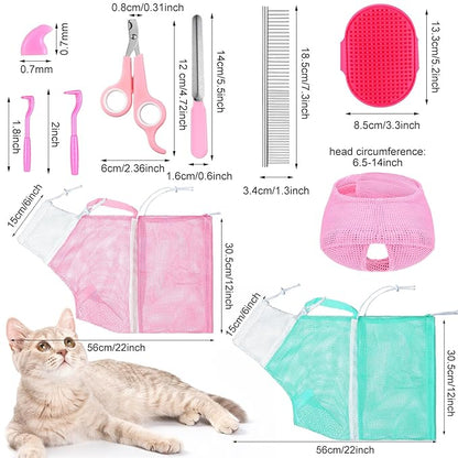 10 Pcs Cat Bathing Bag Set Pet Mesh Shower Bag Anti Bite and Scratch Pet Grooming for Washing Brush, Cat Muzzle, Nail Clipper, Nail File, Tick Tool(Blue and Pink)