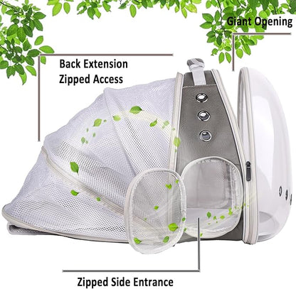 Expandable Carrier Backpack for Kitten Bunny and Small Puppy, Vented Transparent Space Capsule Astronaut Cat Bubble Window, PU Leather Grey Vet Carry Bag
