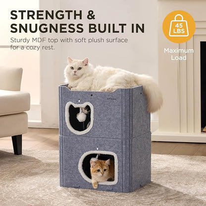 Joydeco Cat House for Indoor Cats, 2 Story Scratch Resistant Felt Cat Condo, Hideaway Pet Cave Bed with Fluffy Ball and Tunnel for Kitten, Small Dogs, Rabbits, 17.7 x 13.3 x 24, Grey