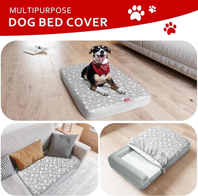 Waterproof Dog Bed Covers Replacement Washable Pet Hair Easy to Remove, Noiseless Quilted Puppy Pet Bed Cover Lovely Grey Star Print 32x44 Inches, for Dog/Cat, Cover Only