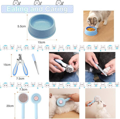 39PCS Kitten Starter Kit, Ideal for Cats Under 6 Months, Cat Supplies, Featuring 23-Piece Toy Set, Bed, Carrier, Single-use Litter Box, Bowls & More, Perfect for New Cat Owners - Blue