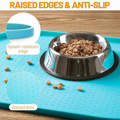 Hubulk 100% Waterproof Silicone Pet Feeding Mat with Raised Edge for Food and Water, Dog Bowl Mats, Cat Bowls Placemat with High Lip Protects Floor for Cats and Dogs (Teal, 24" L x 16" W)