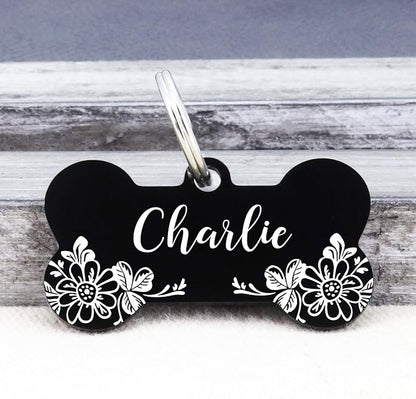 UltraJoys Stainless Steel Pet ID Tag Dog Name Tags Personalized Front and Back Engraving,Customized Dog Tags and Cat Tags,Optional Engraved on Both Sides,Bone Tag with Floral Design,Small,Black