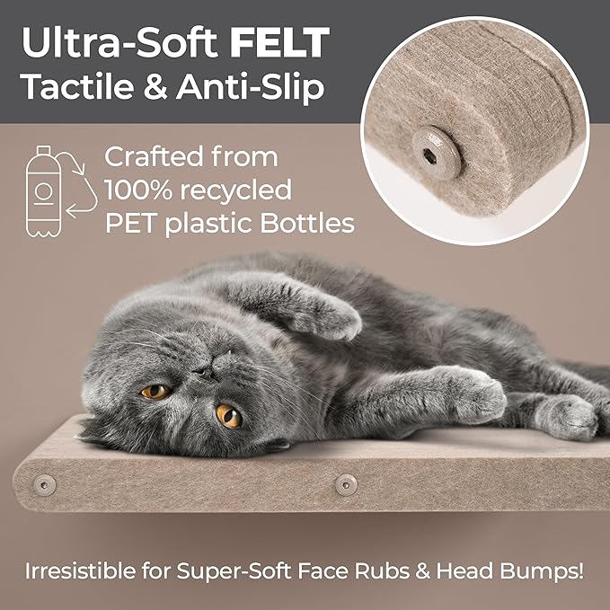 Wall Mounted Cat Perch Long Shelf by Pryde Pets - Floating Hammock Bed, 100% Sustainable PET Felt Feline Enrichment Climber Furniture for Indoor Cats, Modern Climbing Gym Jungle Design (Oatmeal)