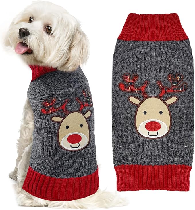 Dog Christmas Sweater Xmas Pet Clothes Cute Gray Reindeer Holiday Puppy Cat Costume New Year Gifts for Small Medium Large Dogs Jumpers (L, Gray Reindeer)