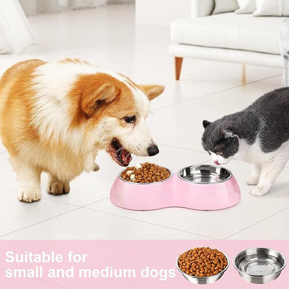 Stainless Steel Dog Bowls Set – Dual Non-Slip Pet Dishes with 2 Small (4oz*2) Bowls & Durable Resin Stand,Food & Water Feeder for Kittens– Pink