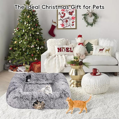 Extra Large Cat Tunnel Bed, 4 Ways Tunnels for Indoor Cats, Multi-cat Family Pet Bed & Cave, Plush Cat Donut with Washable Middle Mat, Exit Balls, Pet Play Toy for Kitten Puppy Rabbit, Dark Grey