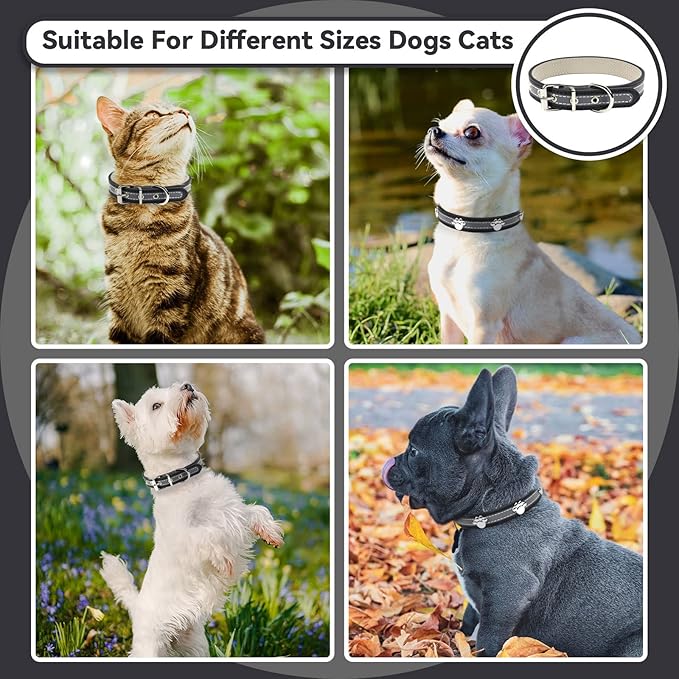 PETCARE Reflective Dog Collar with Cute Paw Rivet Studded Funny Soft PU Leather Adjustable Puppy Dog Collars for Small Medium Large Dogs Cats (Black,XX-Large)