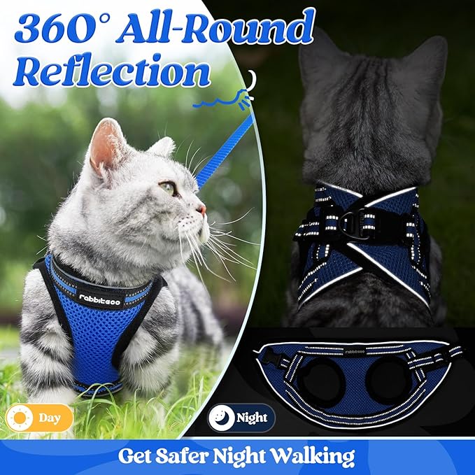 rabbitgoo Cat Harness and Leash Set for Walking Escape Proof, Adjustable Soft Kittens Vest with Reflective Strip for Cats, Comfortable Outdoor Vest, Blue, XL