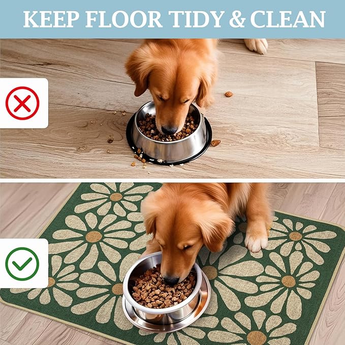 SHIYUE Dog Food Mats for Floors, Absorbent Cat Bowl for Food and Water, Non-Slip Accessories Pet Supplies(16"x24",Forest Green Flower)