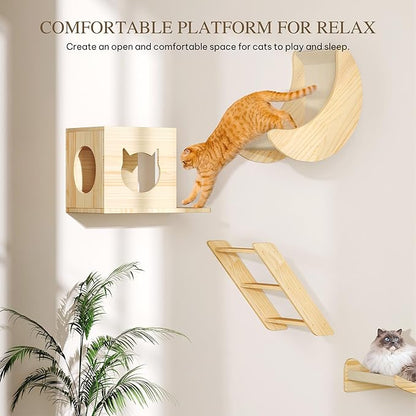 13-in-1 Cat Wall Shelves and Perches, Floating Cat Shelves, Solid Wood Wall Mounted Cat Furniture, Cat Climbing Shelves with Moon Hammock, House, Wall Ladder, Scratching Post and Cat Tunnel