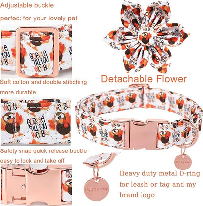 Thanksgiving Dog Collar with Flower, Turkey Cotton Flower Collar for Puppy Girl Dog or Cat, Autumn Flower Collar with Durable Metal Buckle, Thanksgiving Pet Collar, L, Neck 16-24in