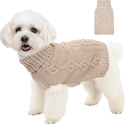 Dog Sweaters Small Dog Clothes Winter Turtleneck Puppy Sweater Warm Pet Cat Sweater Doggy Pullover Outfit with Twisted Design XS~XL(Beige, Large)