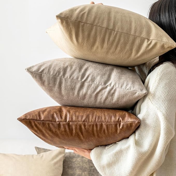 Vintage Pillow Covers Pack of 2, Grey Thickened Rustic Farmhouse Decorative Leather Throw Pillow Covers, for Home Decor Couch Sofa Chair Living Room Abrasion Cushion Cover 20x20 Inch.