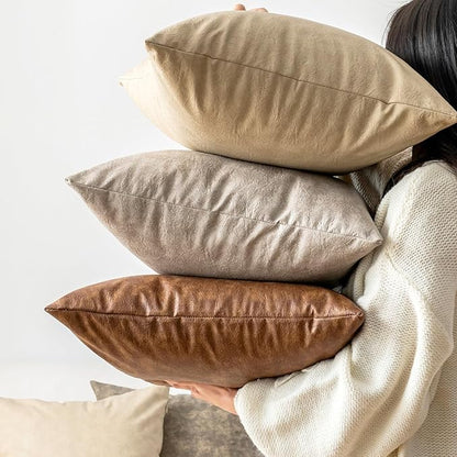 Oversized Leather Pillow Covers Vintage Decorative, Pack of 2 Square Rustic Abrasion Floor Cushion Covers, for Home Decor Outdoor Waterproof Pet Hair Resistant Pillow Covers 26x26 Olive Green