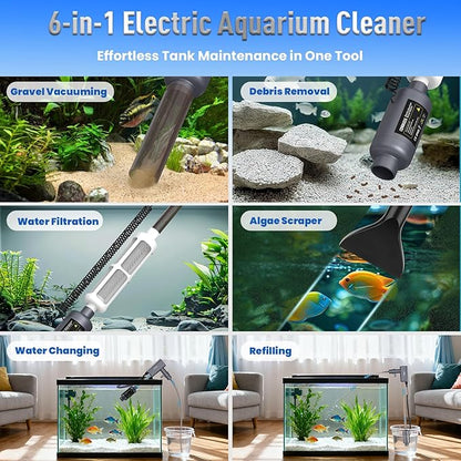 Electric Aquarium Vacuum Gravel Cleaner: Rechargeable Fish Tank Cleaner with 4 Adjustable Suction, Anti-Clog for Debris Clean & Sand Washing,Automatic Water Changer with 12V Safe for Small/Large Tank