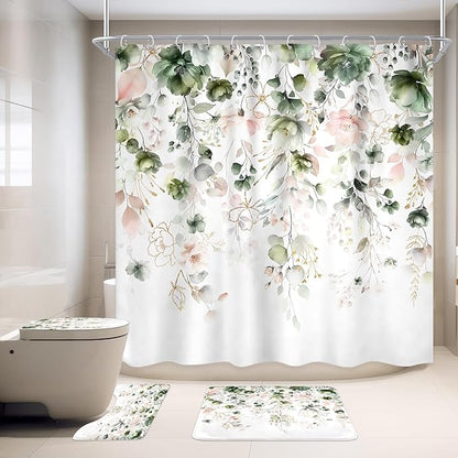 4 PCS Green Pink Floral Flower Shower Curtain Set 72Wx72H Inch Watercolor Pastel Plant Complete Bathroom Set Non-Slip Bath Rug Toilet Lid Cover and U Shape Mat Accessories 12 Hook Bathoom Decor