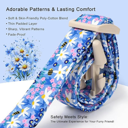 Floral Dog Collar for Medium Dogs - Cute Spring Dog Collars, Soft Lightweight Bee & Daisy Puppy Collar, Breathable Adjustable Male Female Blue Wildflowers Dogs Collars M