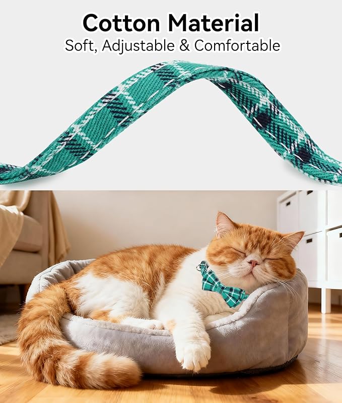 Joytale Upgraded Cat Collar with Bells, Breakaway Cat Collars with Bow Tie, 2 Pack Girl Boy Safety Plaid Kitten Collars, Haze Blue+Teal