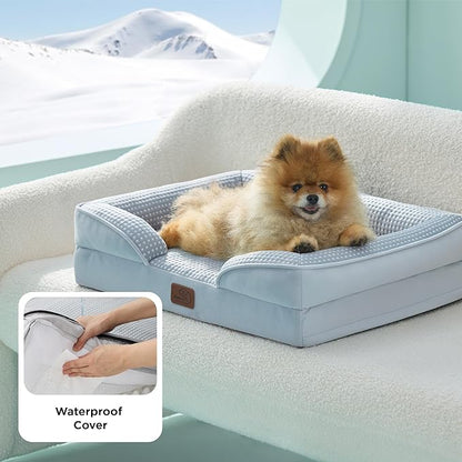 Bedsure Orthopedic Dog Beds for Small Dogs - Washable Small Dog Cat Bed Waterproof, Comfort Pet Couch Sofa with Washable Removable Cover, Pets Bed with Nonskid Bottom, Cooling Blue, 24"