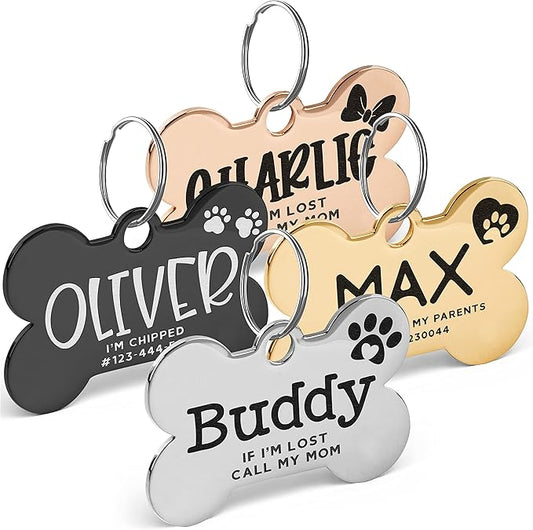 Stainless Steel Engraved Pet ID Tags for Dogs - 4 Color & 5 Shape Options, Up to 7 Lines, Personalized w/ 20 Icons, Name, Address, Phone Number #Bone