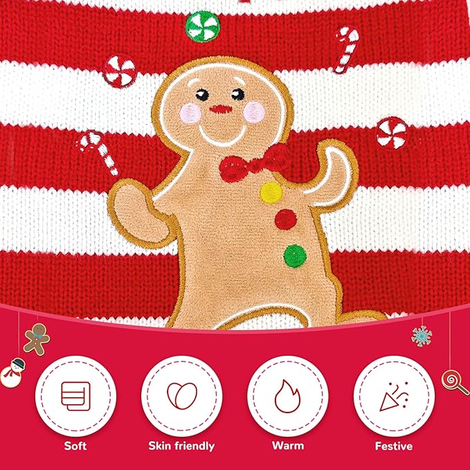 Dog Christmas Sweater Xmas Pet Clothes Cute Striped Gingerbread Man Costume Holiday Puppy Cat Jumpers Outfits New Year Gifts for Small Medium Large Dogs(Red Gingerbread Man,XL)