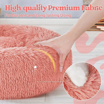 rabbitgoo Calming Dog Bed for Small Medium, 30 inches Pet Bed Machine Washable, Non-Slip Round Fluffy Plush Faux Fur Large Cat Cushion, Soft Donut Cuddler Cushion for Small Dogs, Pink